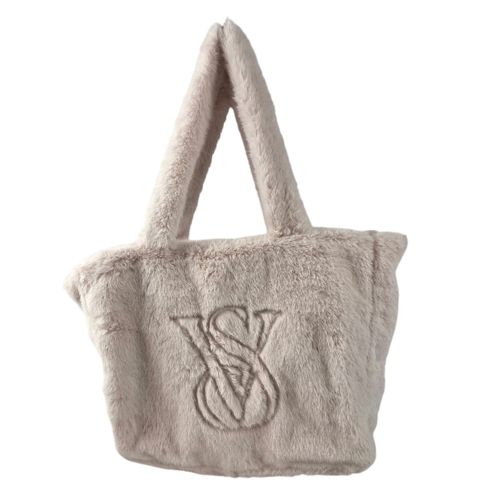 Victoria's Secret Cream Faux Fur Plush Tote Bag Embroidered VS Logo 2024